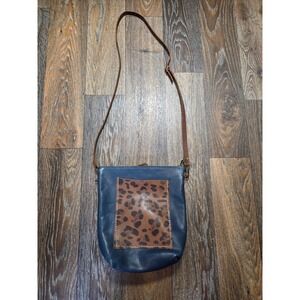 In Blue Handmade Leather Crossbody Backpack Navy Blue Leopard Print Pocket
